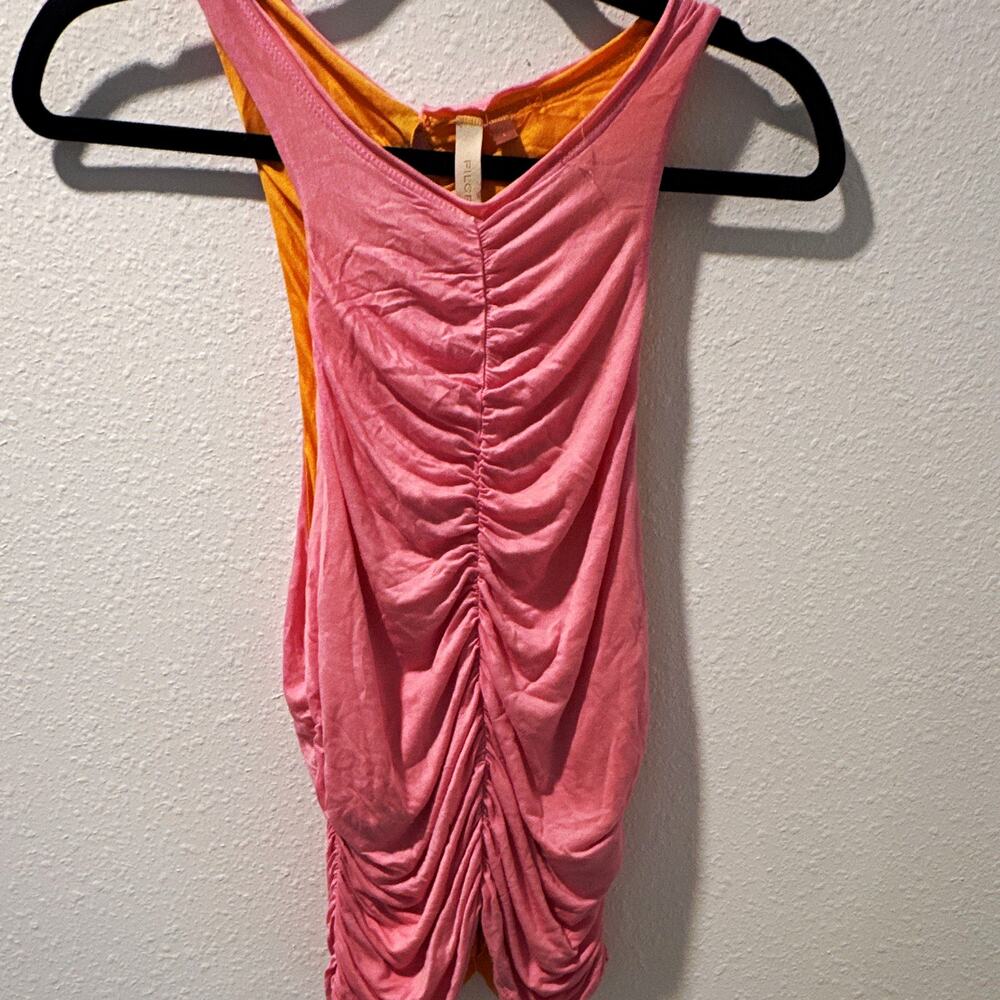 Pilcro Pink Orange Ruched Knit Cotton V-Neck Sleeveless Mini Dress L 0125